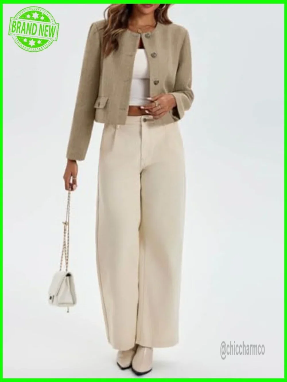 Womens Collarless Cropped Tweed Blazer Jacket Casual Business Fall Bomber